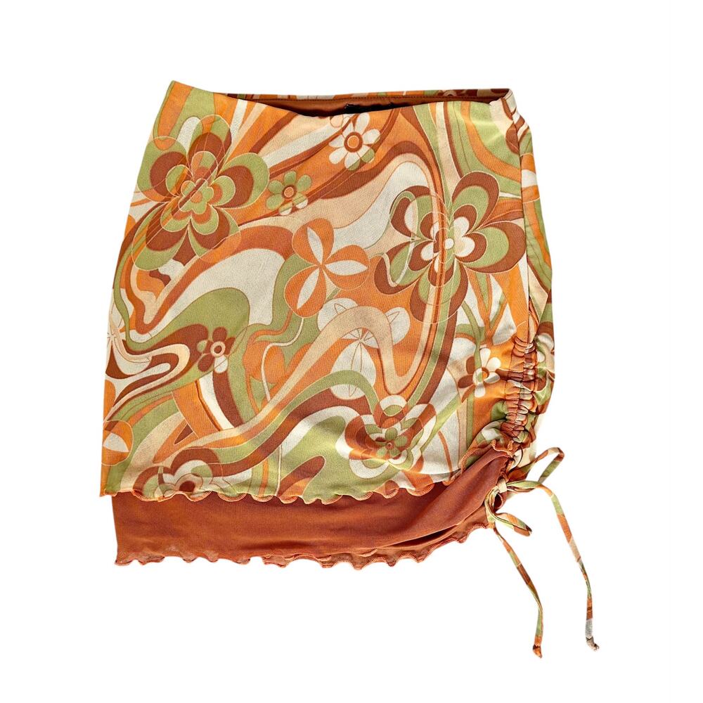 Hippie skirt 90s 2000s Y2K style  L orange green mesh ruched sexy mini flower